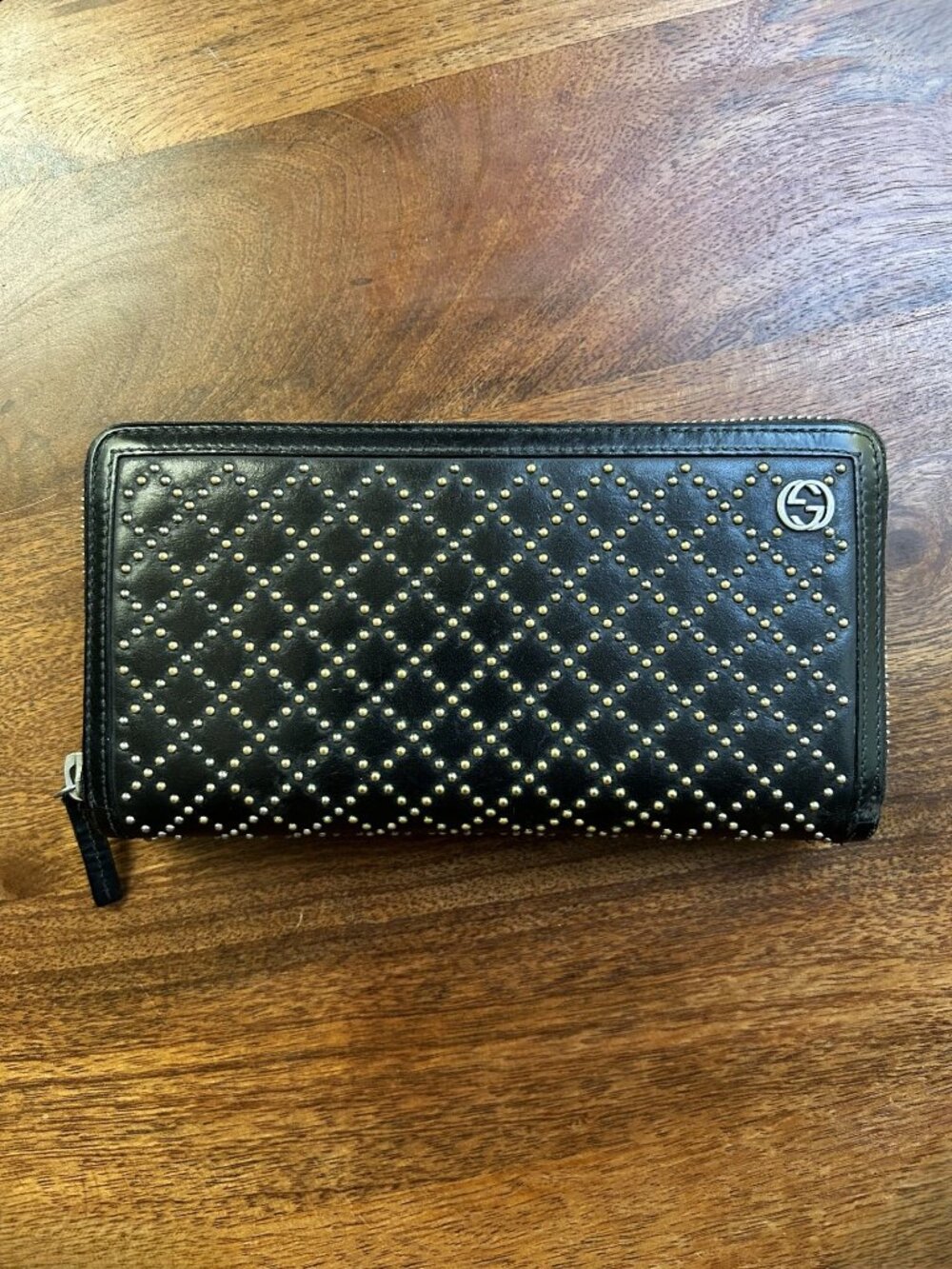 GUCCI Leather Studded Zip Around Wallet, Black